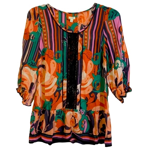 Anthropologie Odille 100% silk print peasant top orange & pink with black lace 6 - Picture 1 of 9